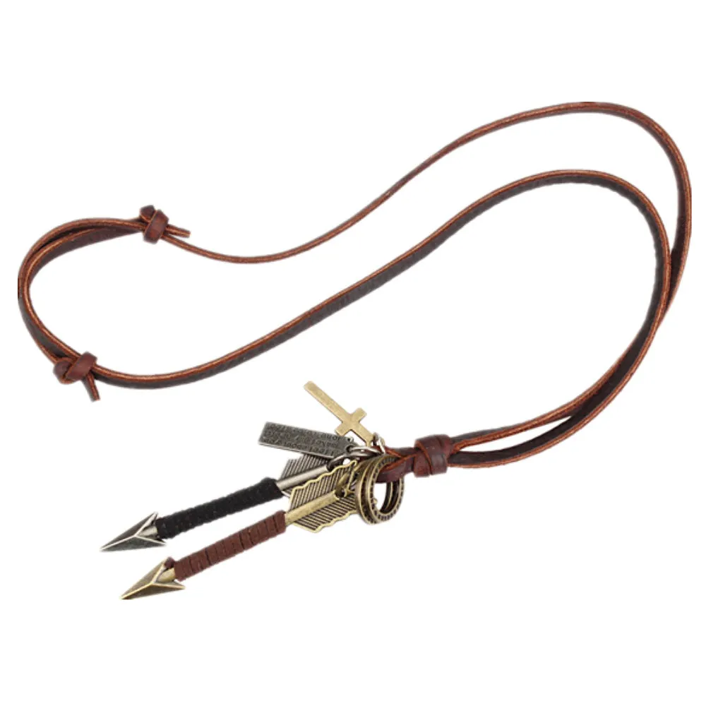 Hip Hop Anime Necklace Creative Double Arrow Roll Leather Alloy Pendant Neck Accessories Men's Leather Rope Long Sweater Chain