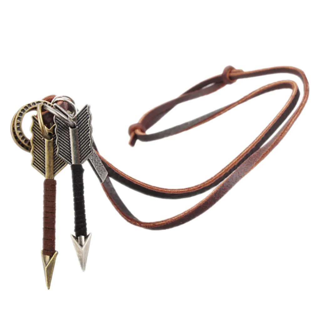 Hip Hop Anime Necklace Creative Double Arrow Roll Leather Alloy Pendant Neck Accessories Men's Leather Rope Long Sweater Chain