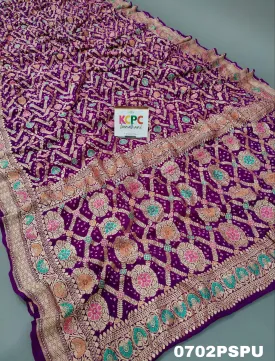 KcPc Originals Pure Meenakari Khaddi Georgette Upada Janglaw Bandhani Neemzari Saree With Blouse Purple D1