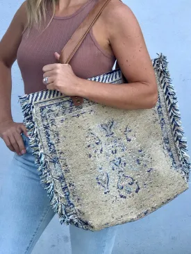 Large Natural Woven Tote - Navy