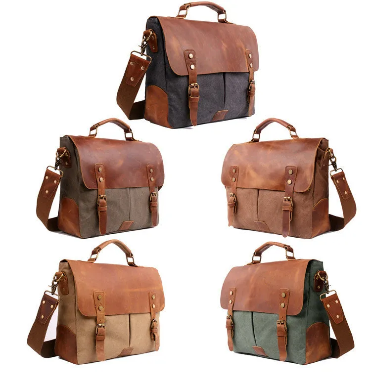 Messenger Bag Satchel Vintage Canvas Leather 13"(L)x10.5"(H) x 4.1"(W) (Coffee)