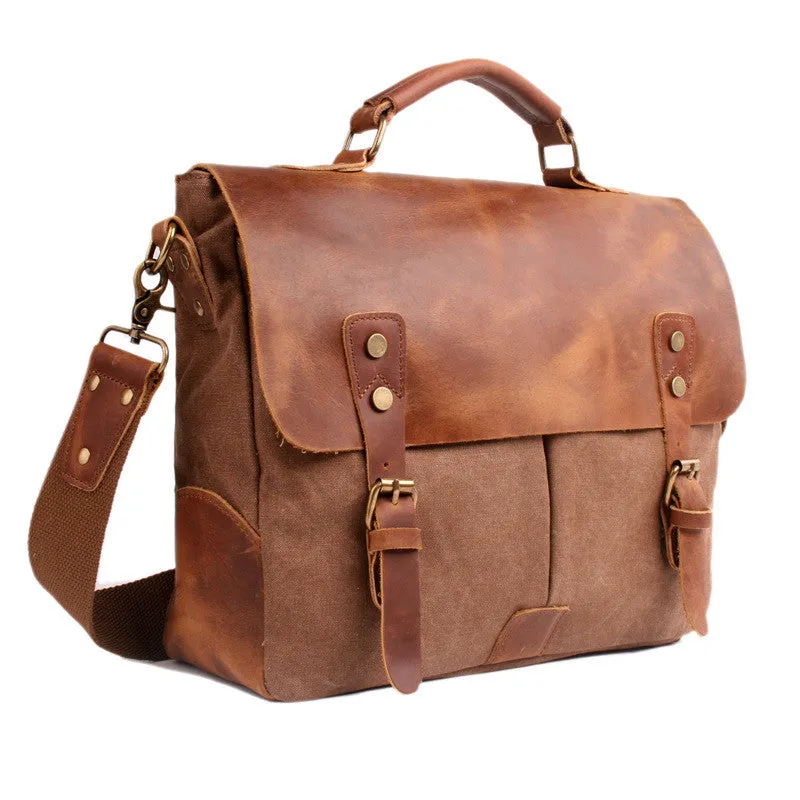 Messenger Bag Satchel Vintage Canvas Leather 13"(L)x10.5"(H) x 4.1"(W) (Coffee)