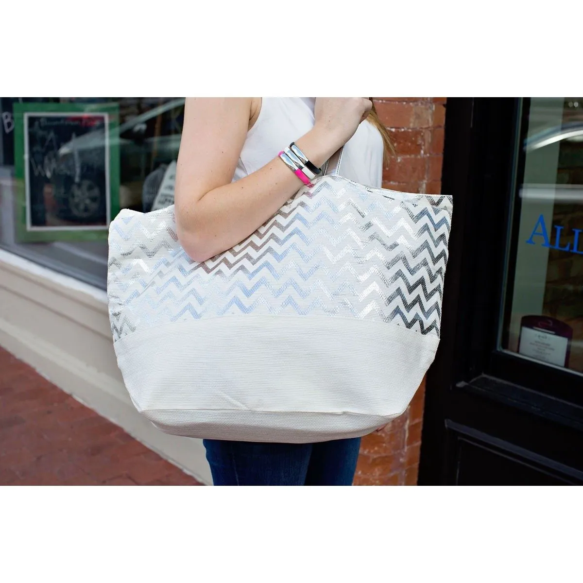 Metallic Silver Chevron Eco-Friendly Tote