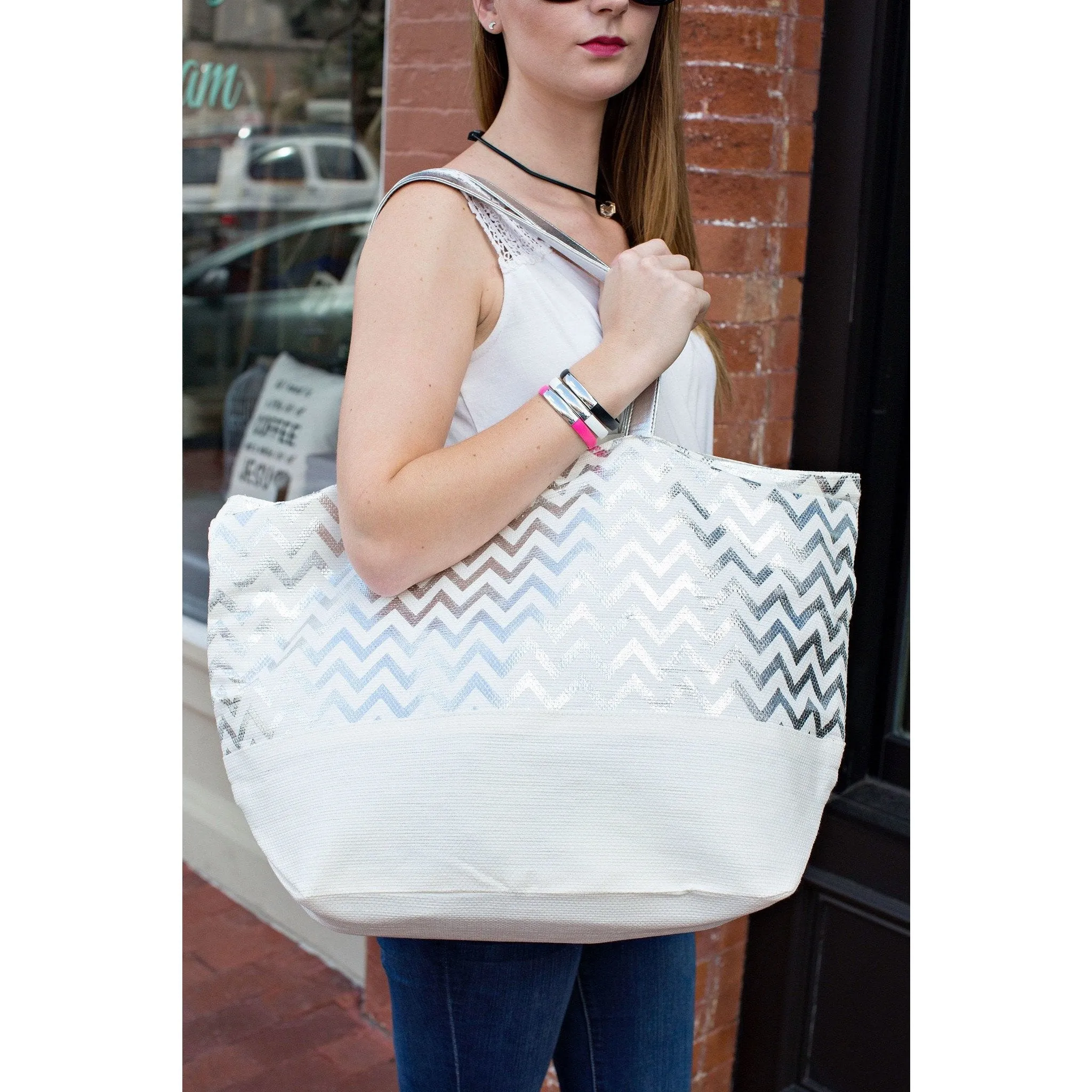 Metallic Silver Chevron Eco-Friendly Tote