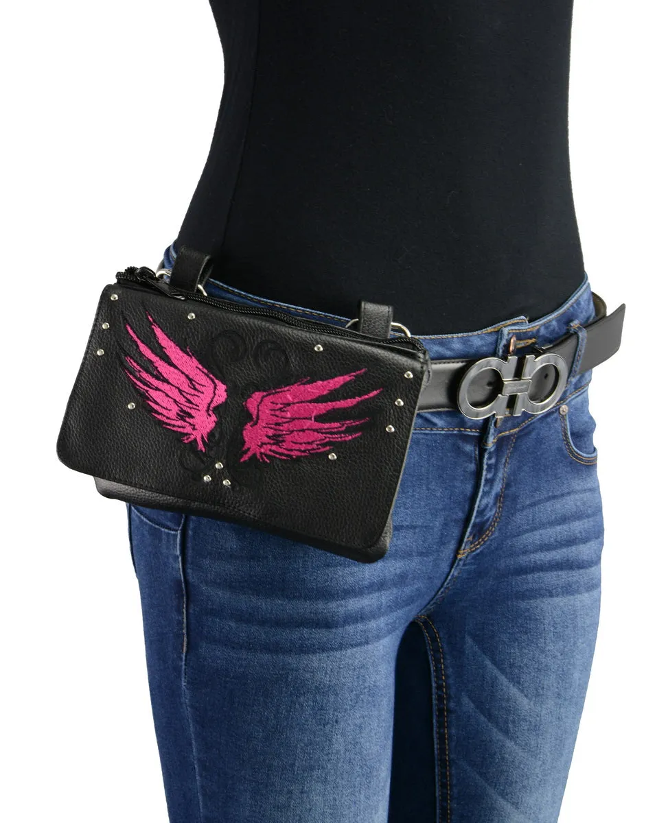 Milwaukee Leather MP8850 Ladies 'Winged' Leather Black and Pink Multi-Pocket Belt Bag