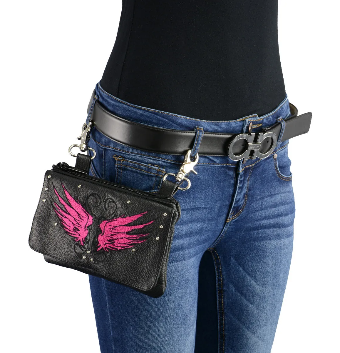 Milwaukee Leather MP8850 Ladies 'Winged' Leather Black and Pink Multi-Pocket Belt Bag