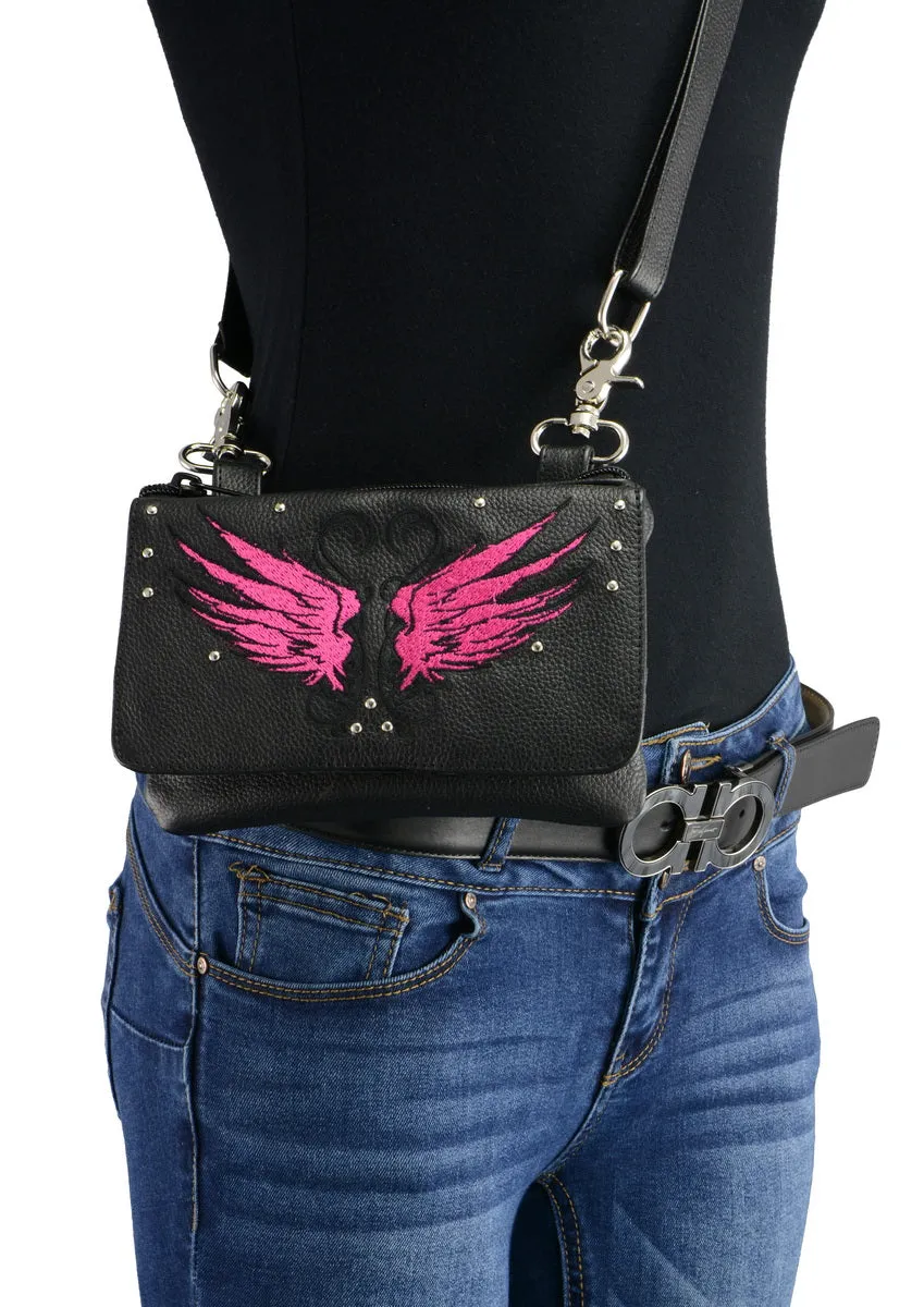 Milwaukee Leather MP8850 Ladies 'Winged' Leather Black and Pink Multi-Pocket Belt Bag