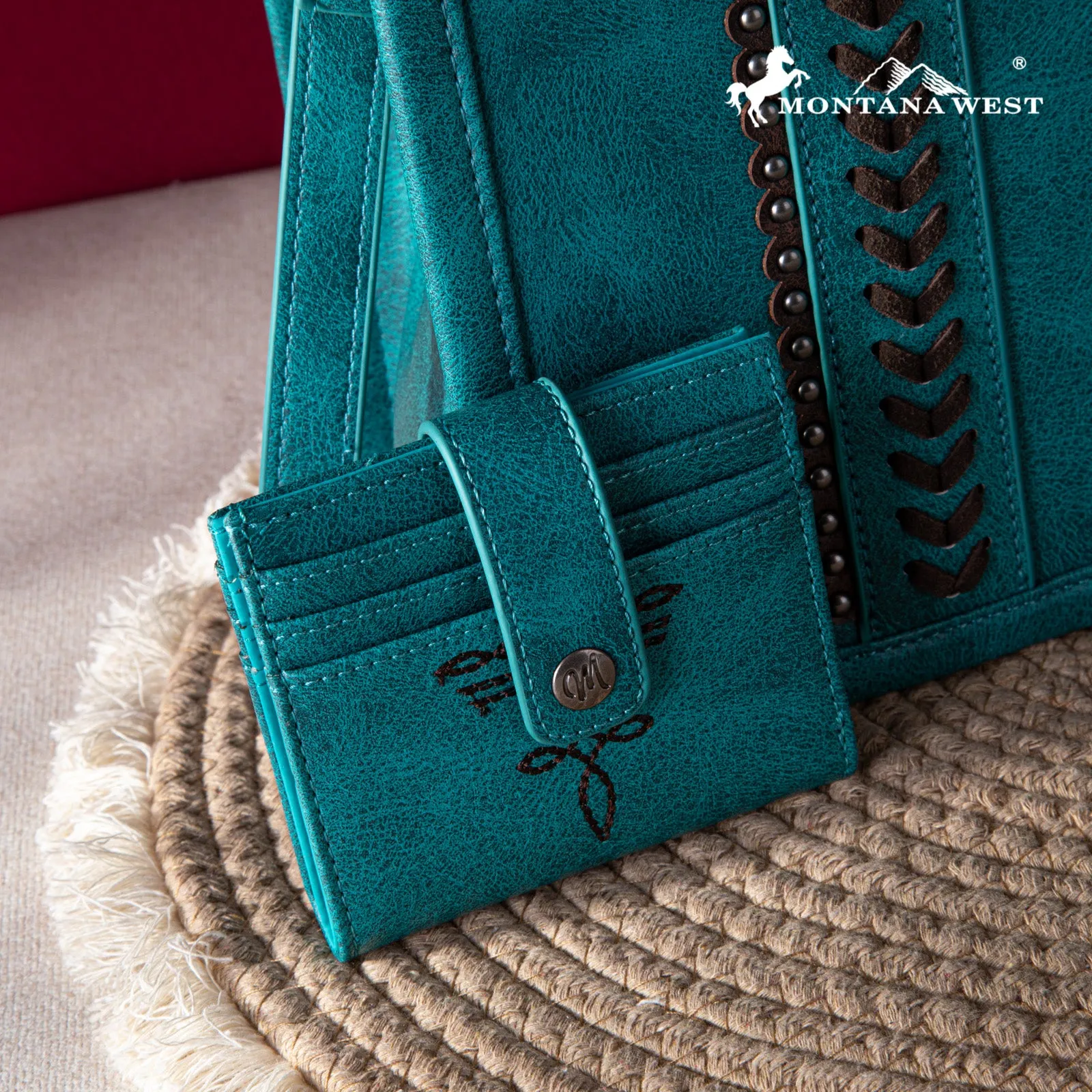 MW1124-H8120SW  Montana West Whipstitch Concealed Carry Tote With Matching Bi-Fold Wallet - Turquoise