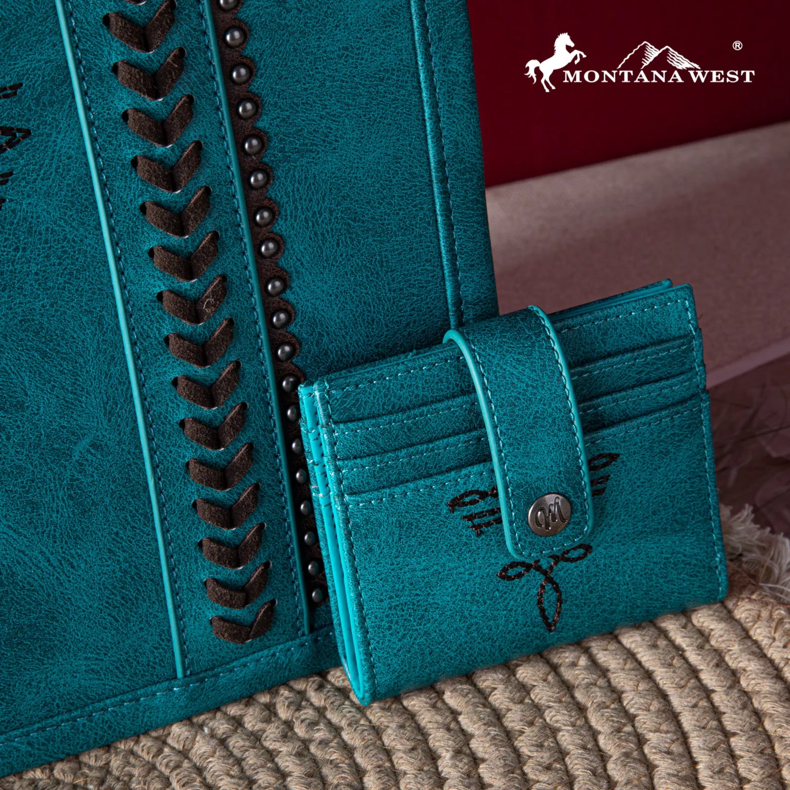 MW1124-H8120SW  Montana West Whipstitch Concealed Carry Tote With Matching Bi-Fold Wallet - Turquoise