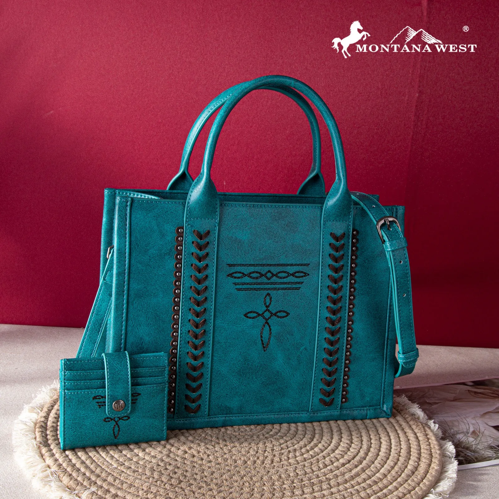 MW1124-H8120SW  Montana West Whipstitch Concealed Carry Tote With Matching Bi-Fold Wallet - Turquoise