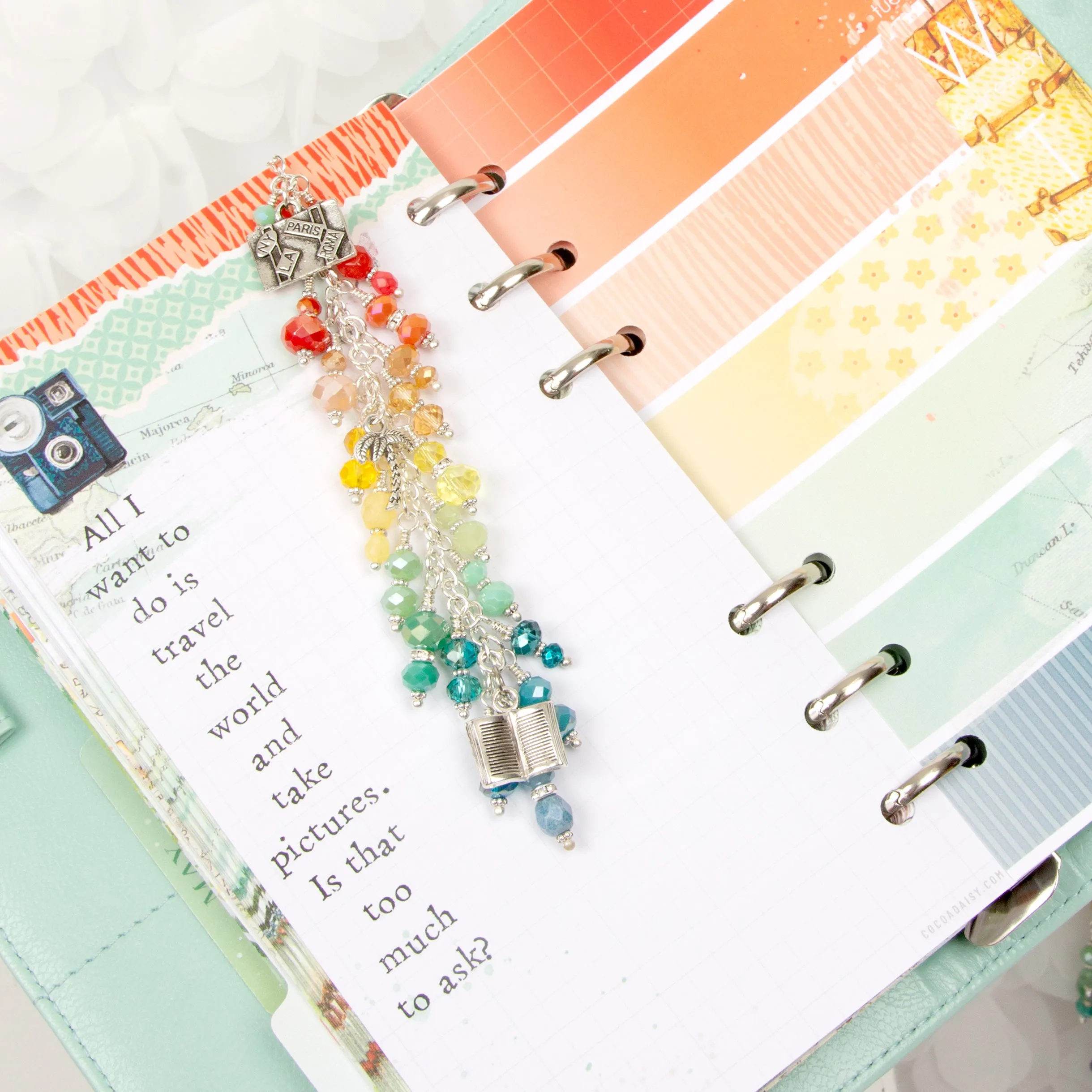 My Escape Planner Charm with a Rainbow Crystal Dangle and Book, Suitcase and Palm Tree Charms