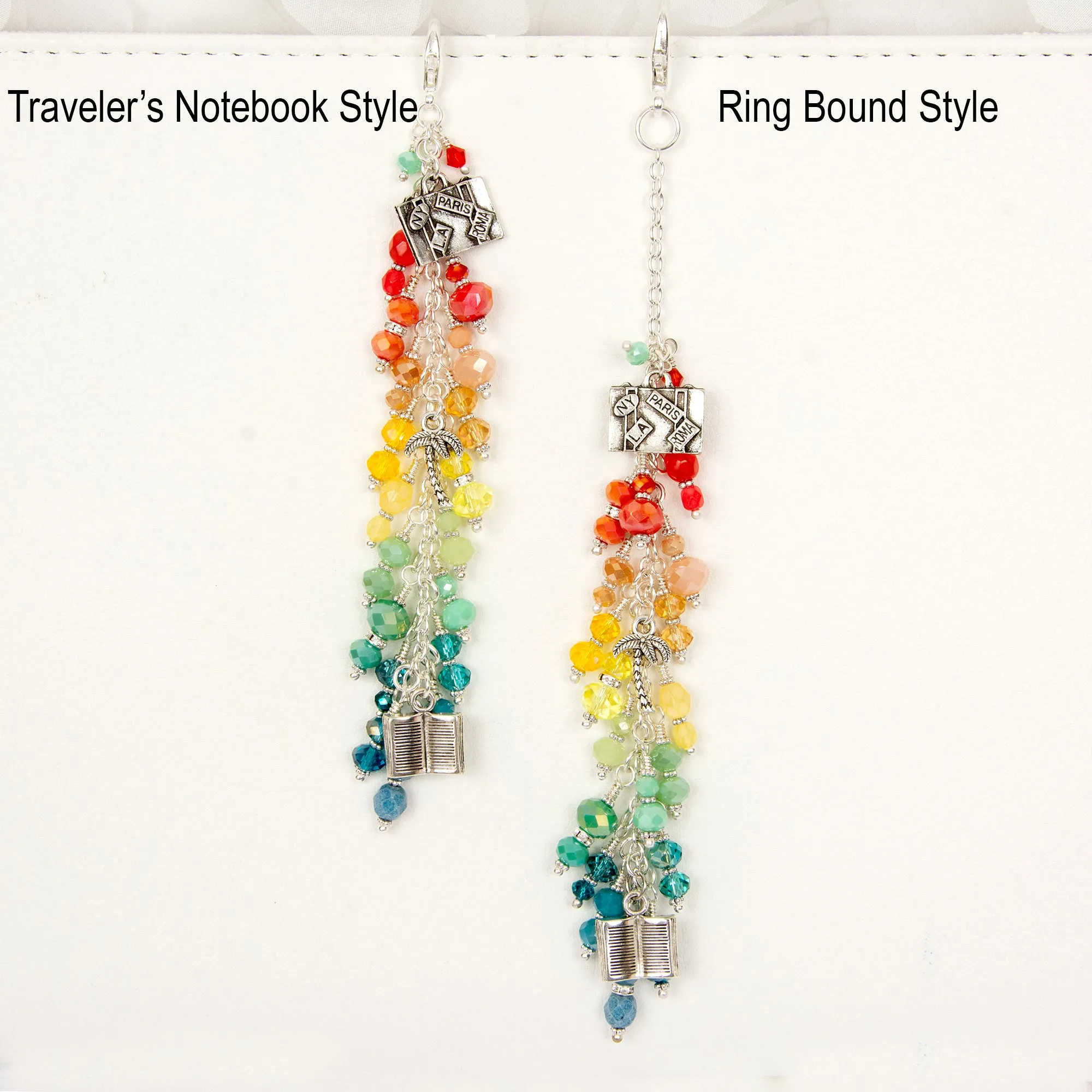 My Escape Planner Charm with a Rainbow Crystal Dangle and Book, Suitcase and Palm Tree Charms