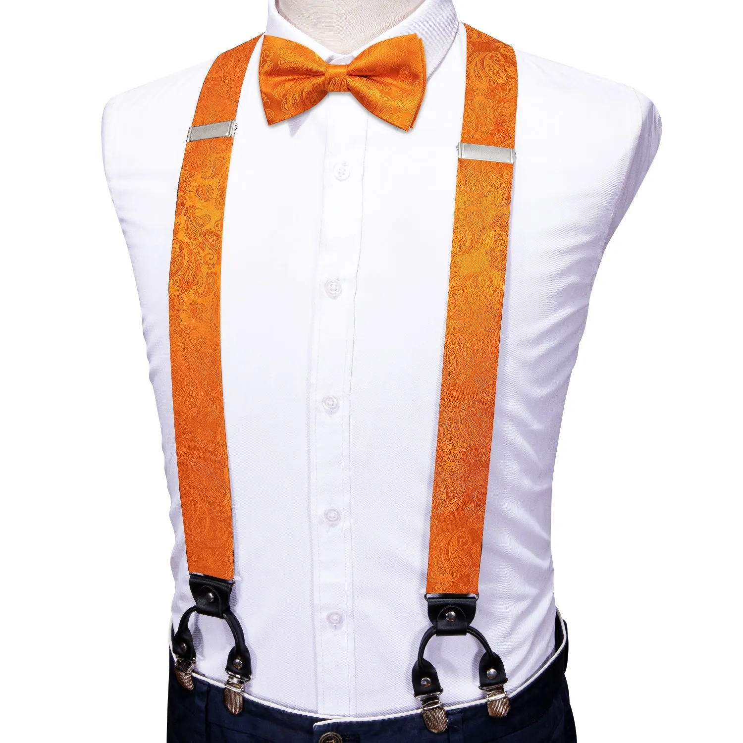 Orange Paisley Y Back Brace Clip-on Men's Suspender with Bow Tie Set