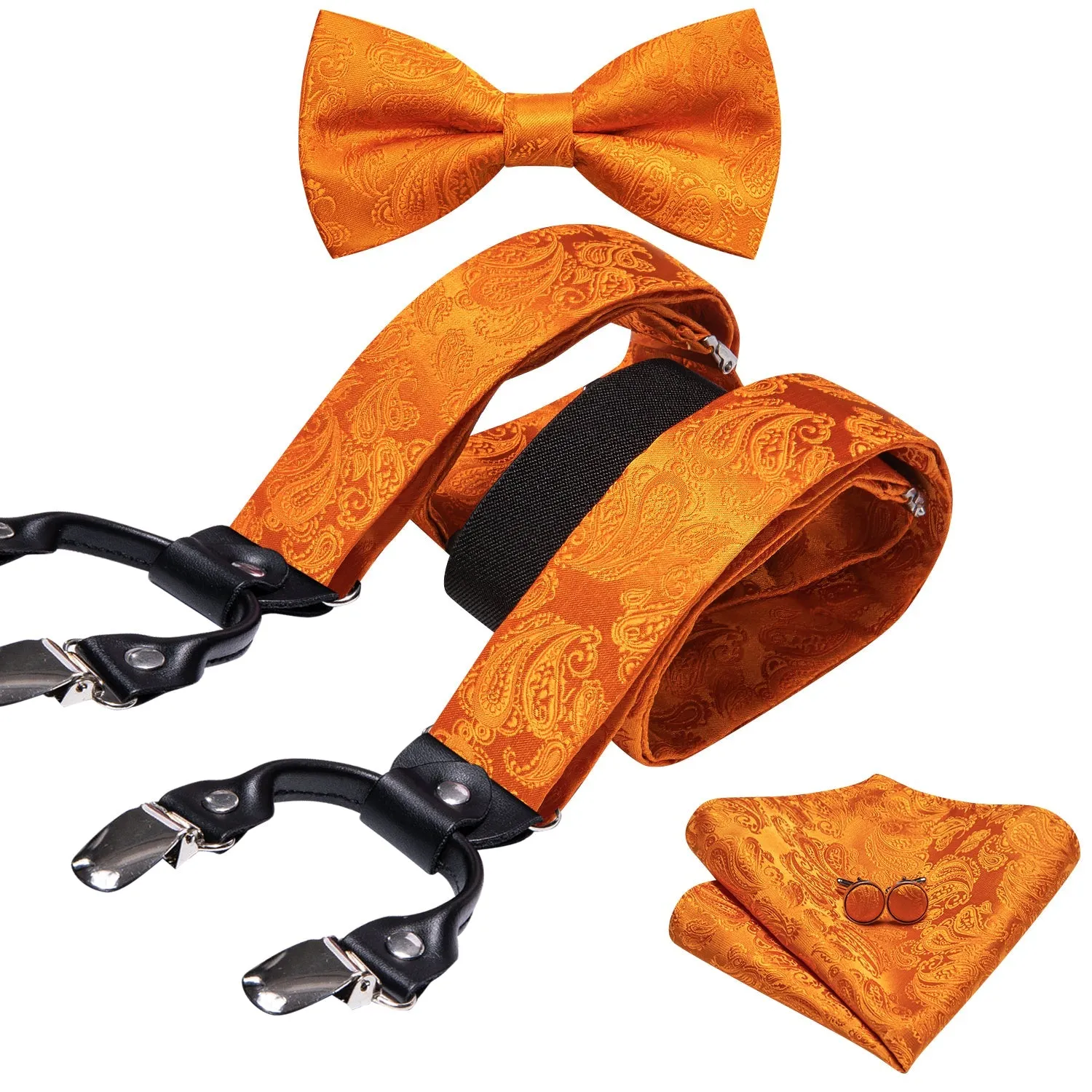 Orange Paisley Y Back Brace Clip-on Men's Suspender with Bow Tie Set