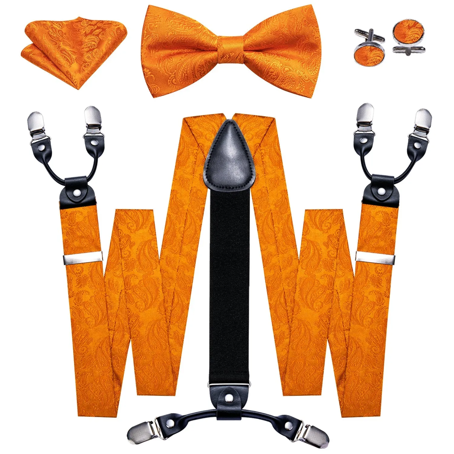 Orange Paisley Y Back Brace Clip-on Men's Suspender with Bow Tie Set