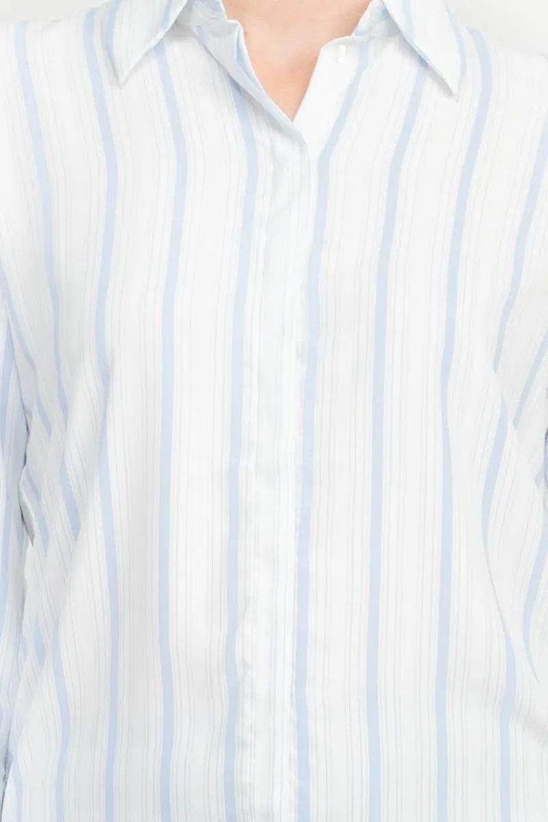 Philosophy long slv collared button down flowt striped shirt