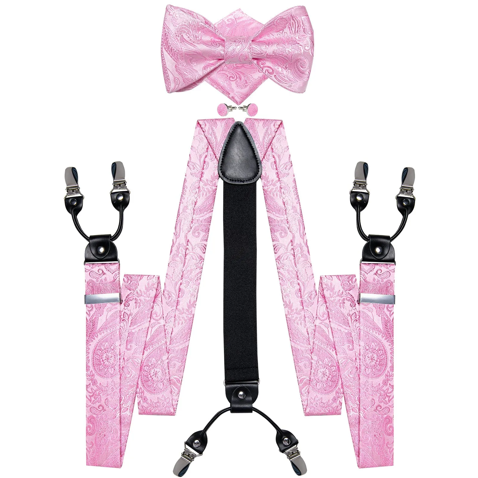 Pink Paisley Clip-on Men's Suspender with Bow Tie Set