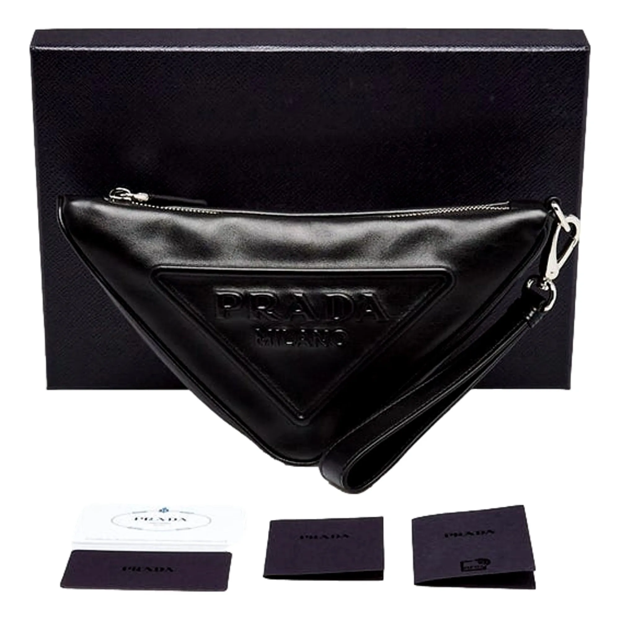 Prada Grace Triangle Leather Pouch Clutch Bag with Embossed Logo Nero Black