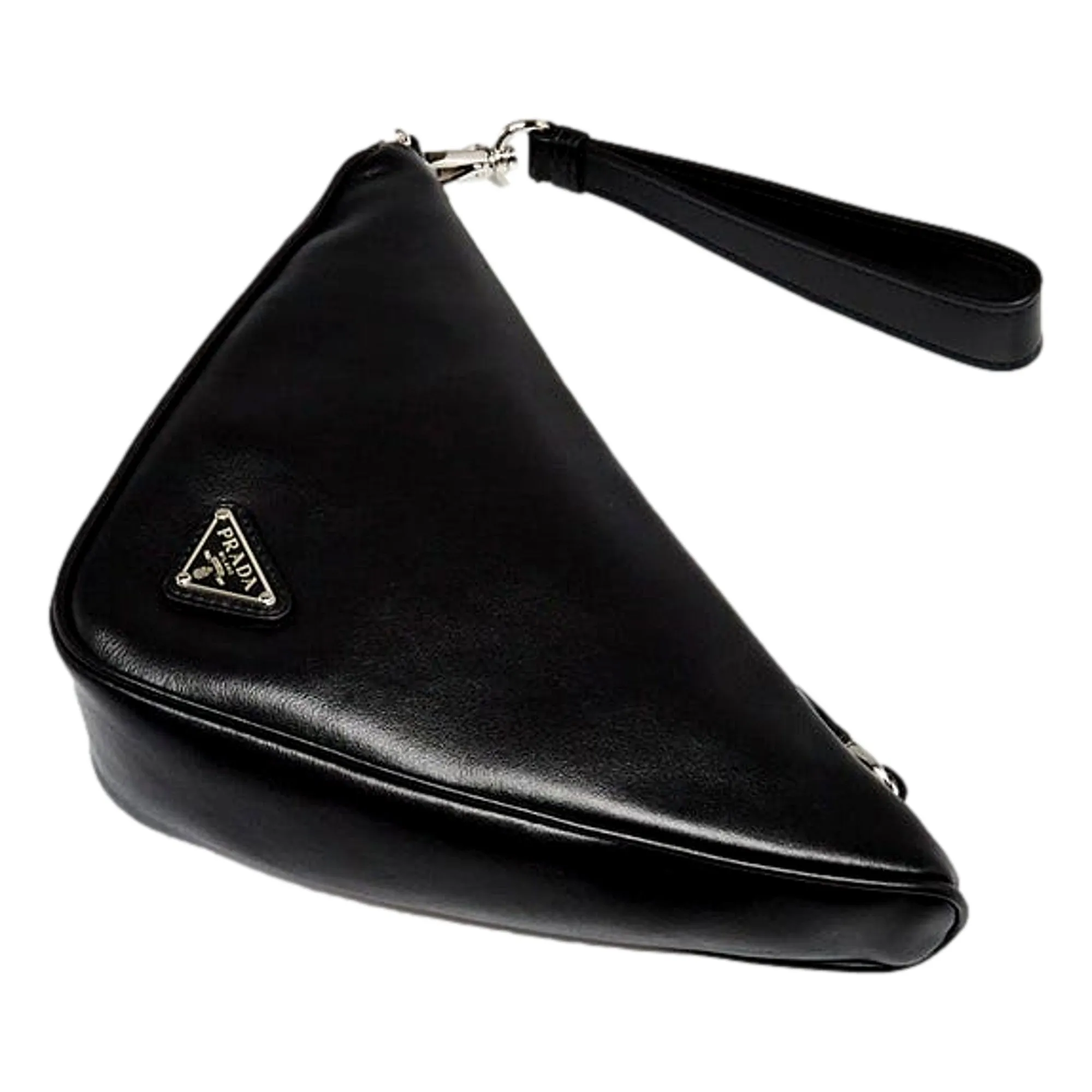 Prada Grace Triangle Leather Pouch Clutch Bag with Embossed Logo Nero Black