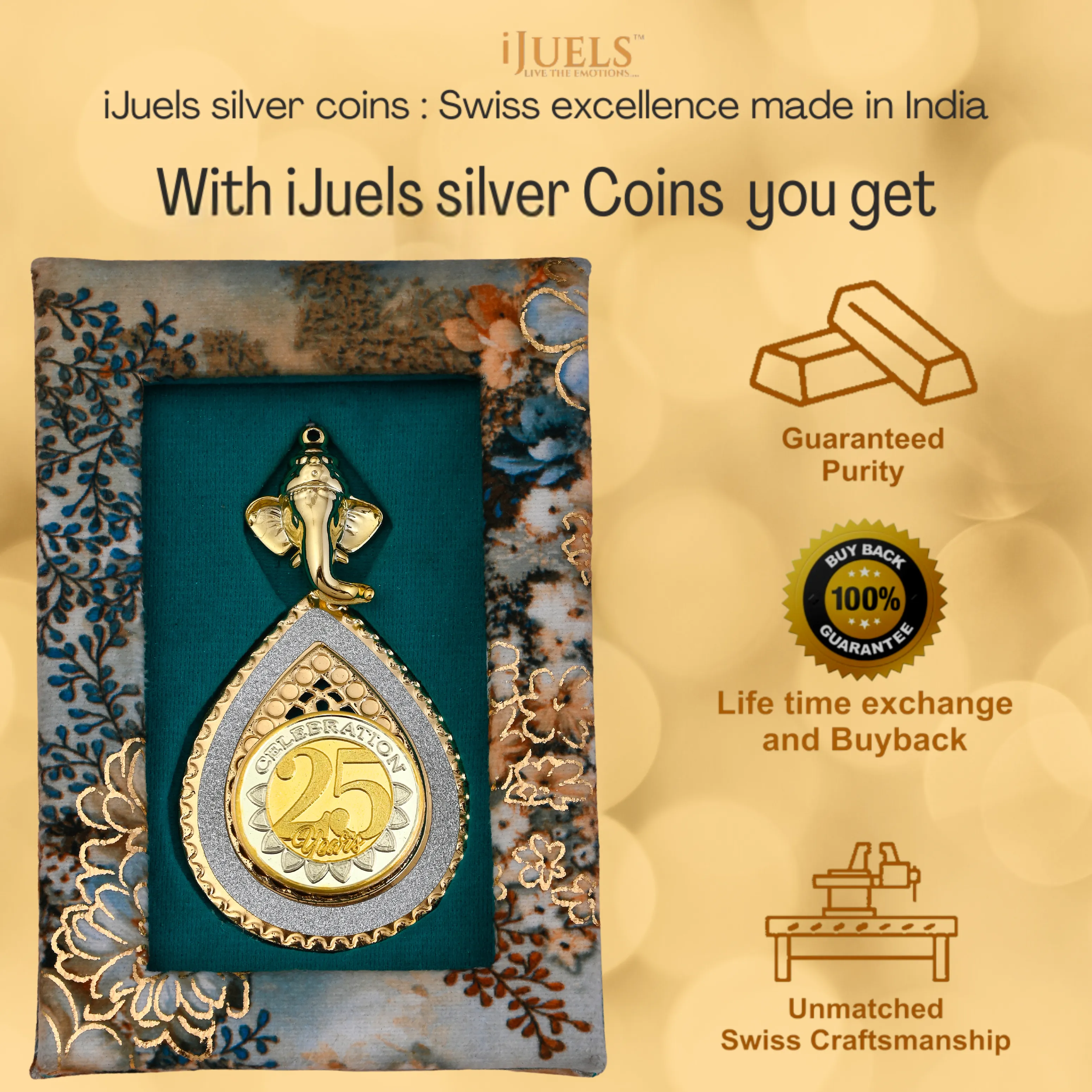 Pure Silver 10 Grams 25th anniversary silver coin with 22kt gold in a gift box and Certificate of Authenticity