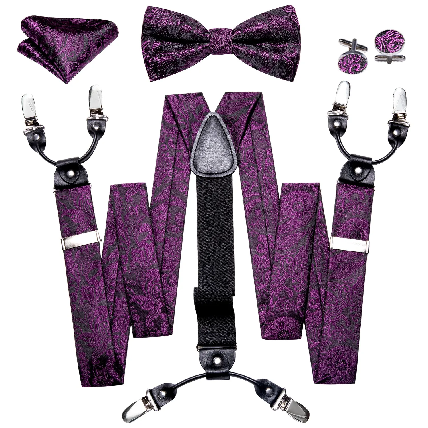 Purple Paisley Y Back Brace Clip-on Men's Suspender with Bow Tie Set