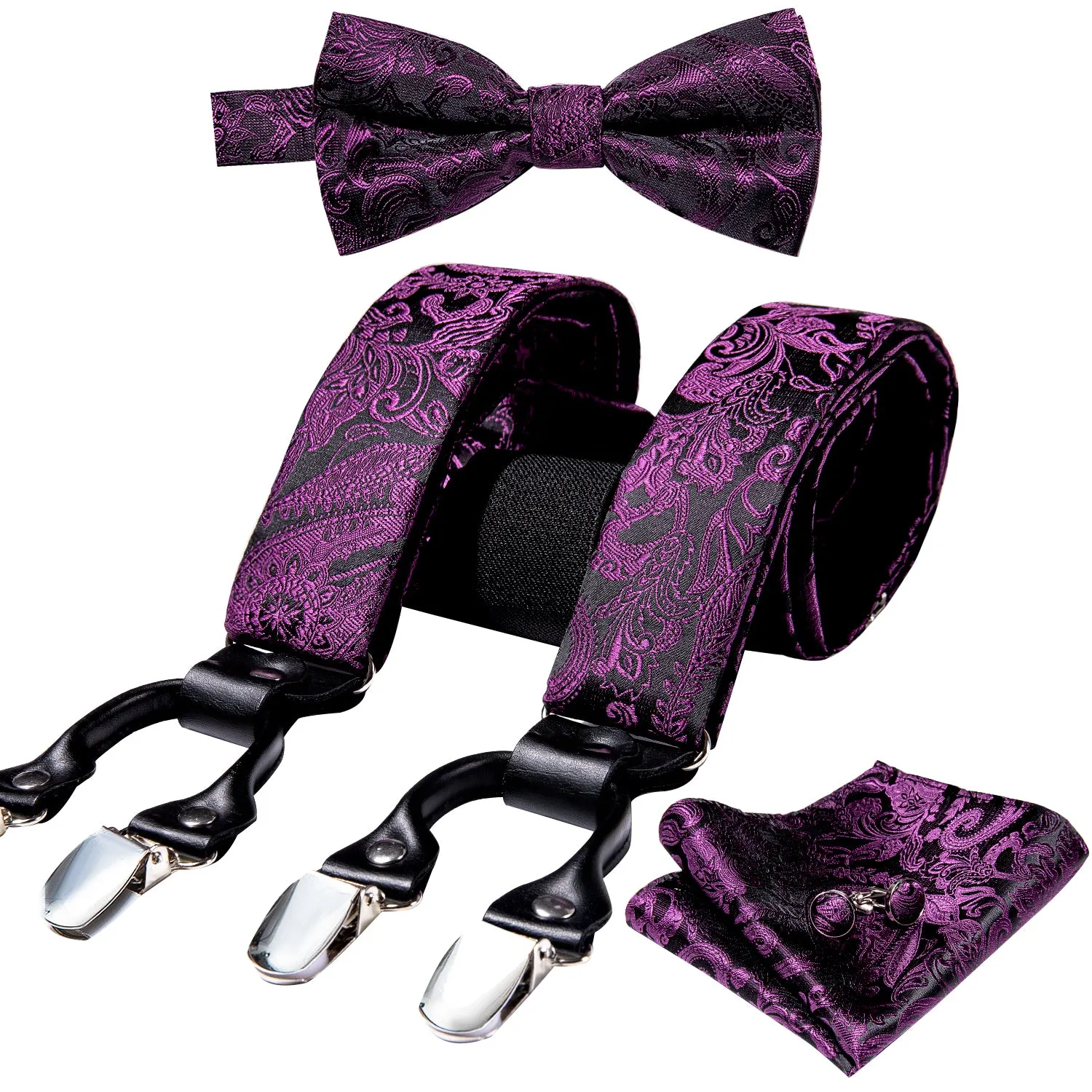 Purple Paisley Y Back Brace Clip-on Men's Suspender with Bow Tie Set