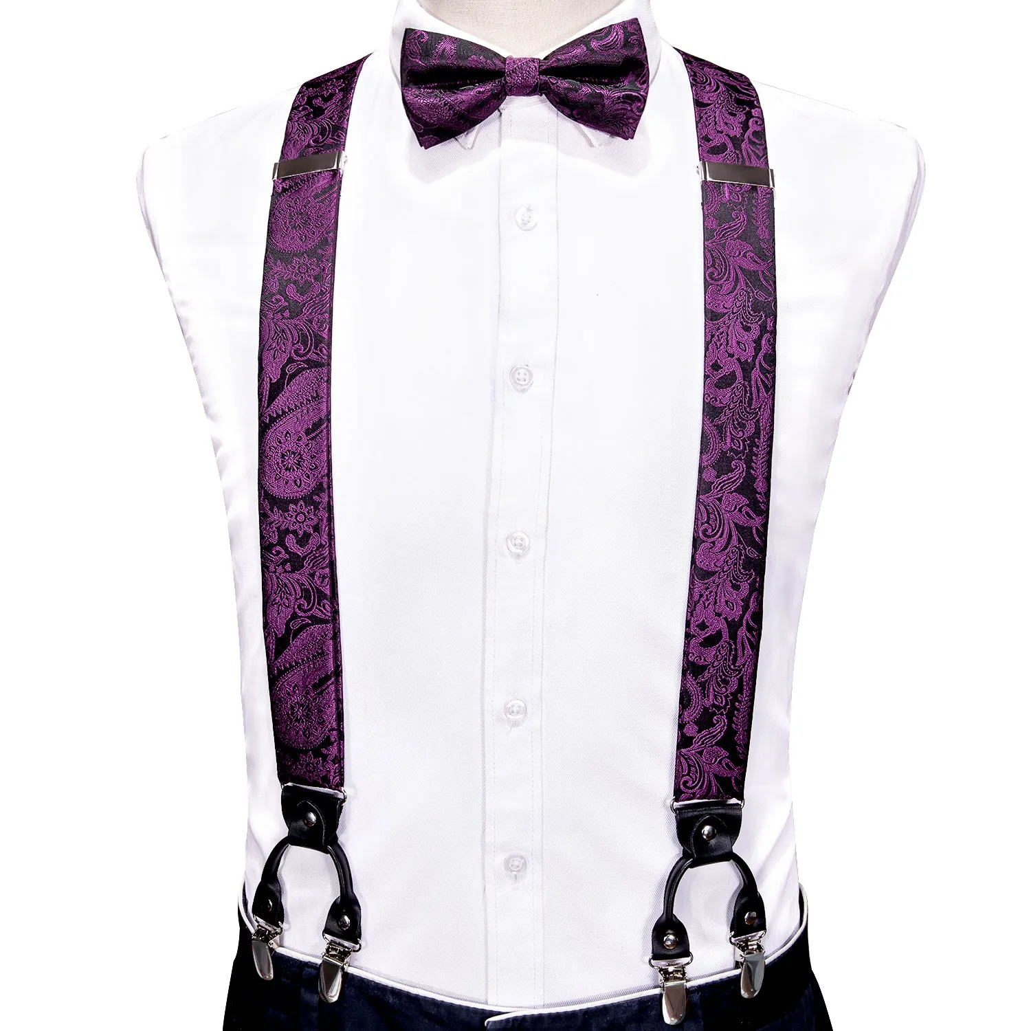 Purple Paisley Y Back Brace Clip-on Men's Suspender with Bow Tie Set