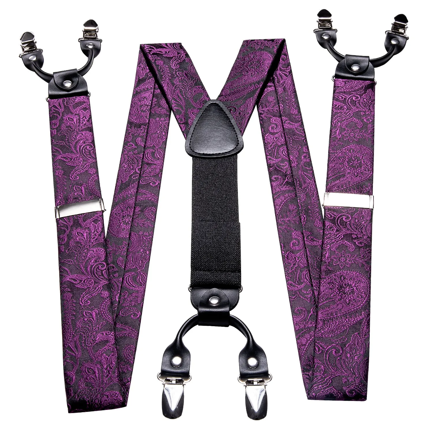 Purple Paisley Y Back Brace Clip-on Men's Suspender with Bow Tie Set