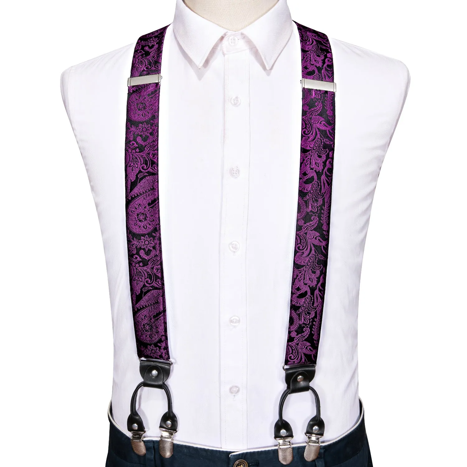 Purple Paisley Y Back Brace Clip-on Men's Suspender with Bow Tie Set