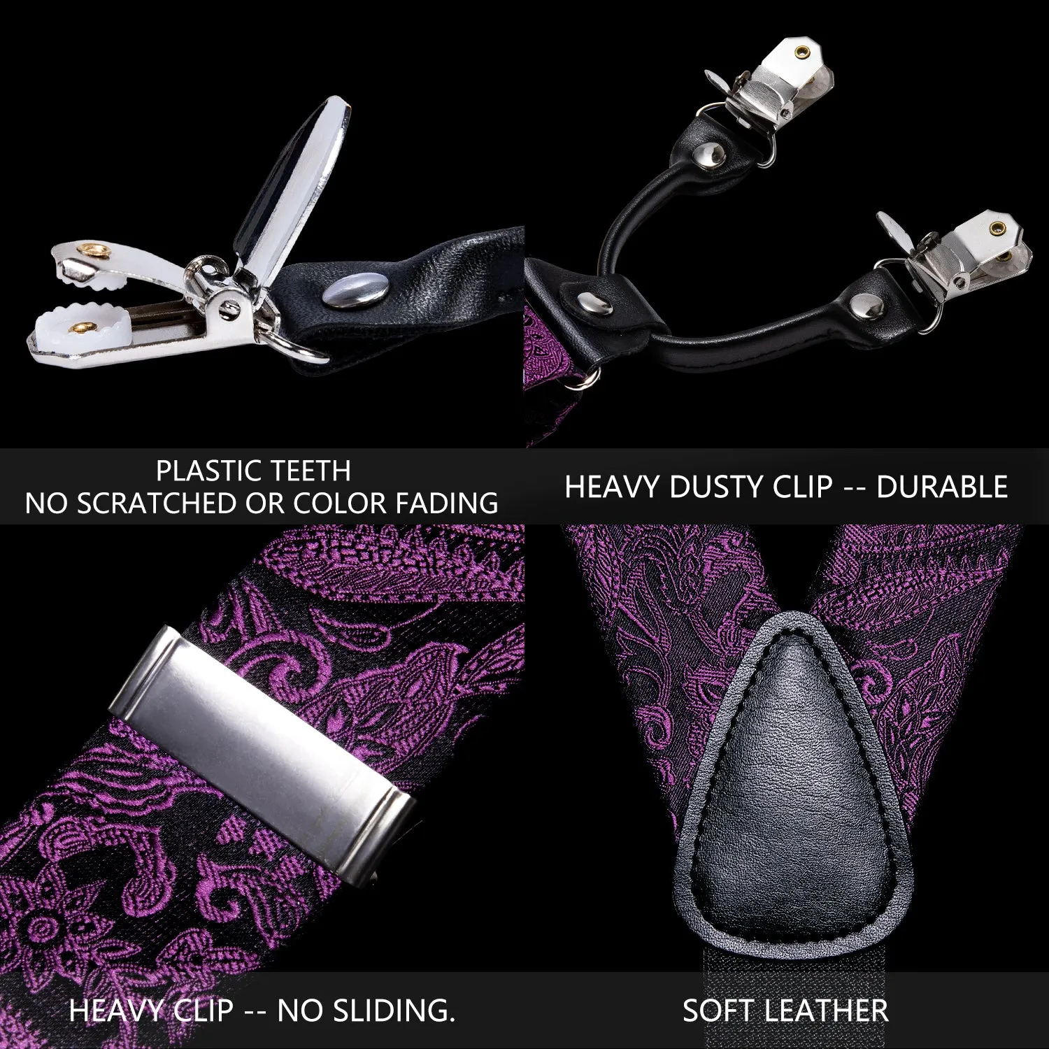 Purple Paisley Y Back Brace Clip-on Men's Suspender with Bow Tie Set