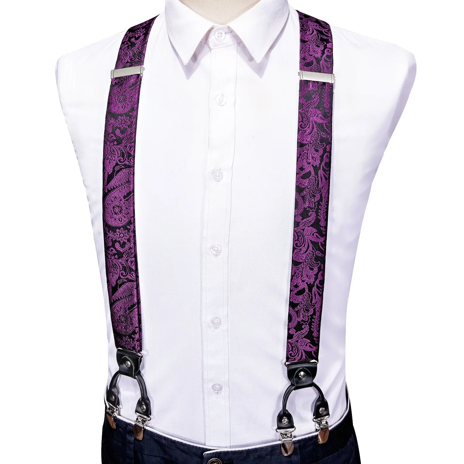 Purple Paisley Y Back Brace Clip-on Men's Suspender with Bow Tie Set