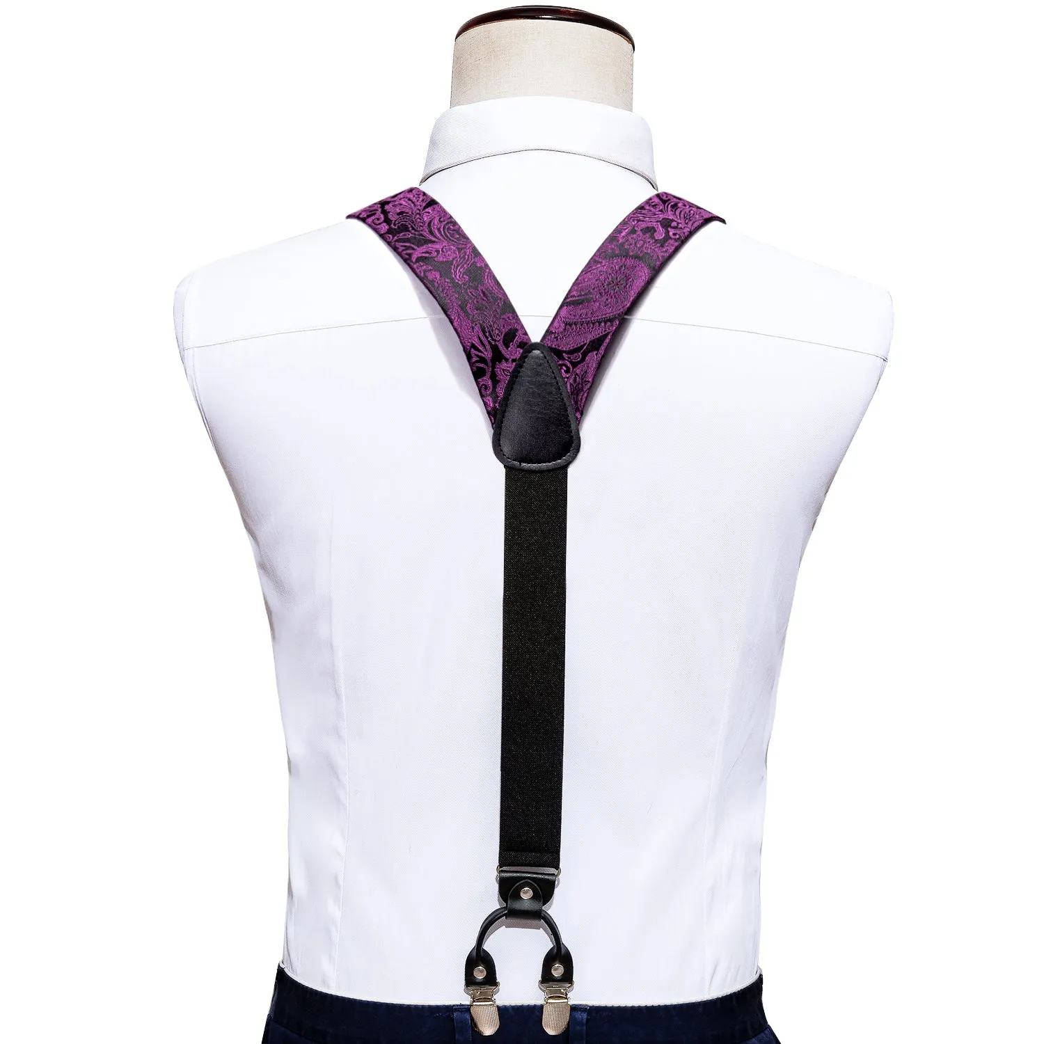 Purple Paisley Y Back Brace Clip-on Men's Suspender with Bow Tie Set