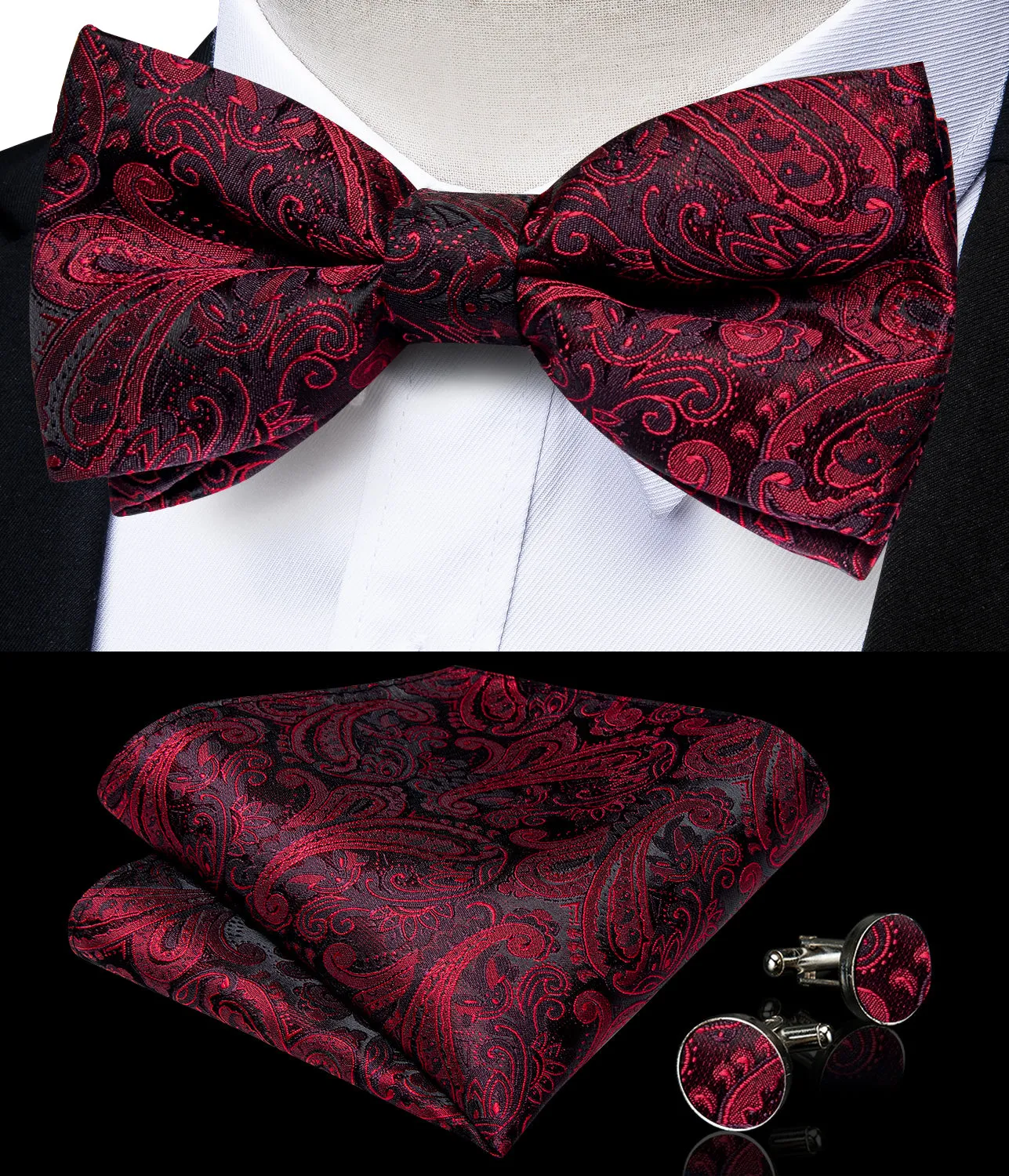 Red Black Paisley Y Back Brace Clip-on Men's Suspender with Bow Tie Set