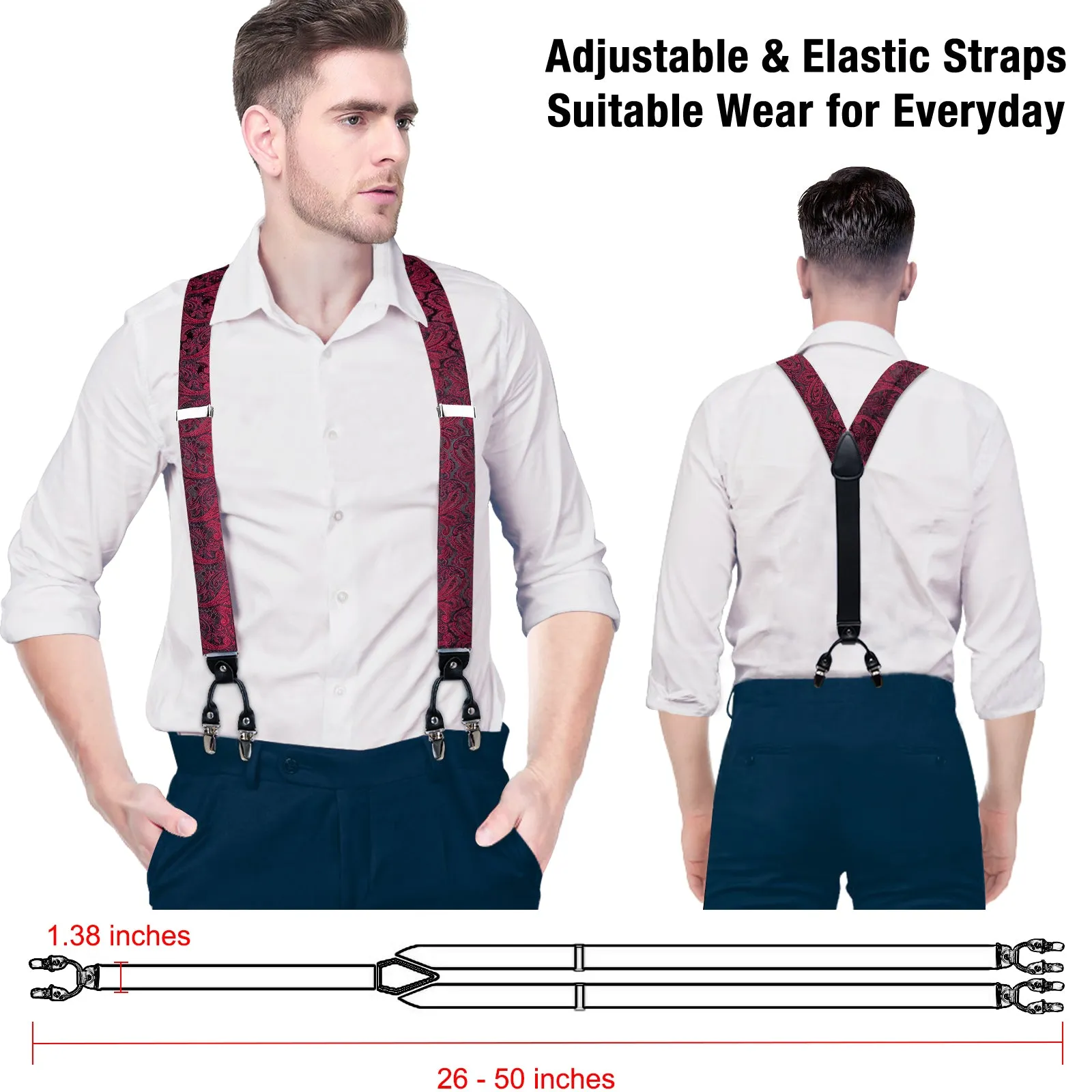 Red Black Paisley Y Back Brace Clip-on Men's Suspender with Bow Tie Set