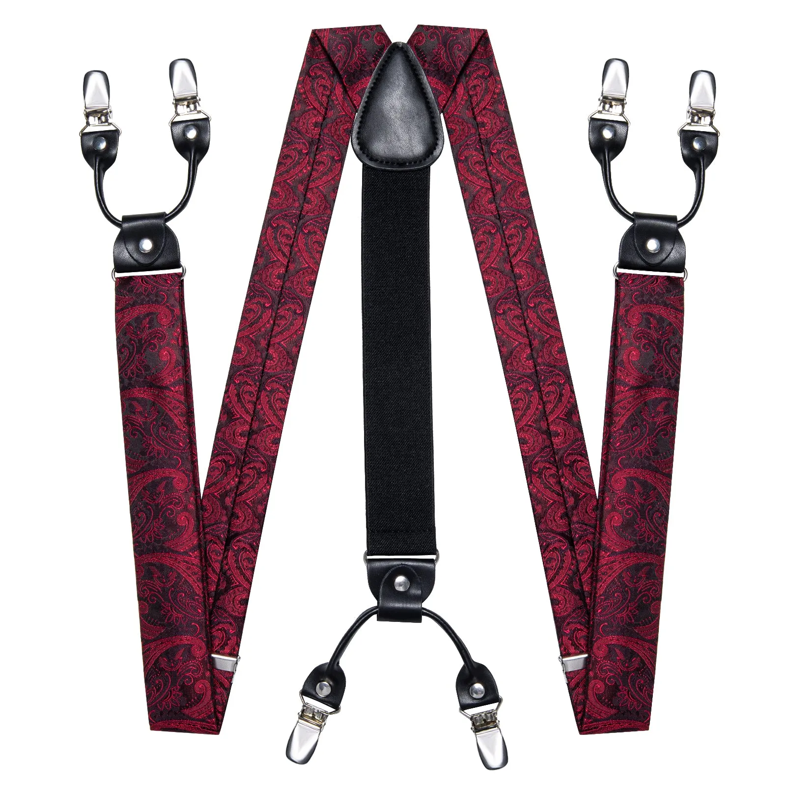 Red Black Paisley Y Back Brace Clip-on Men's Suspender with Bow Tie Set