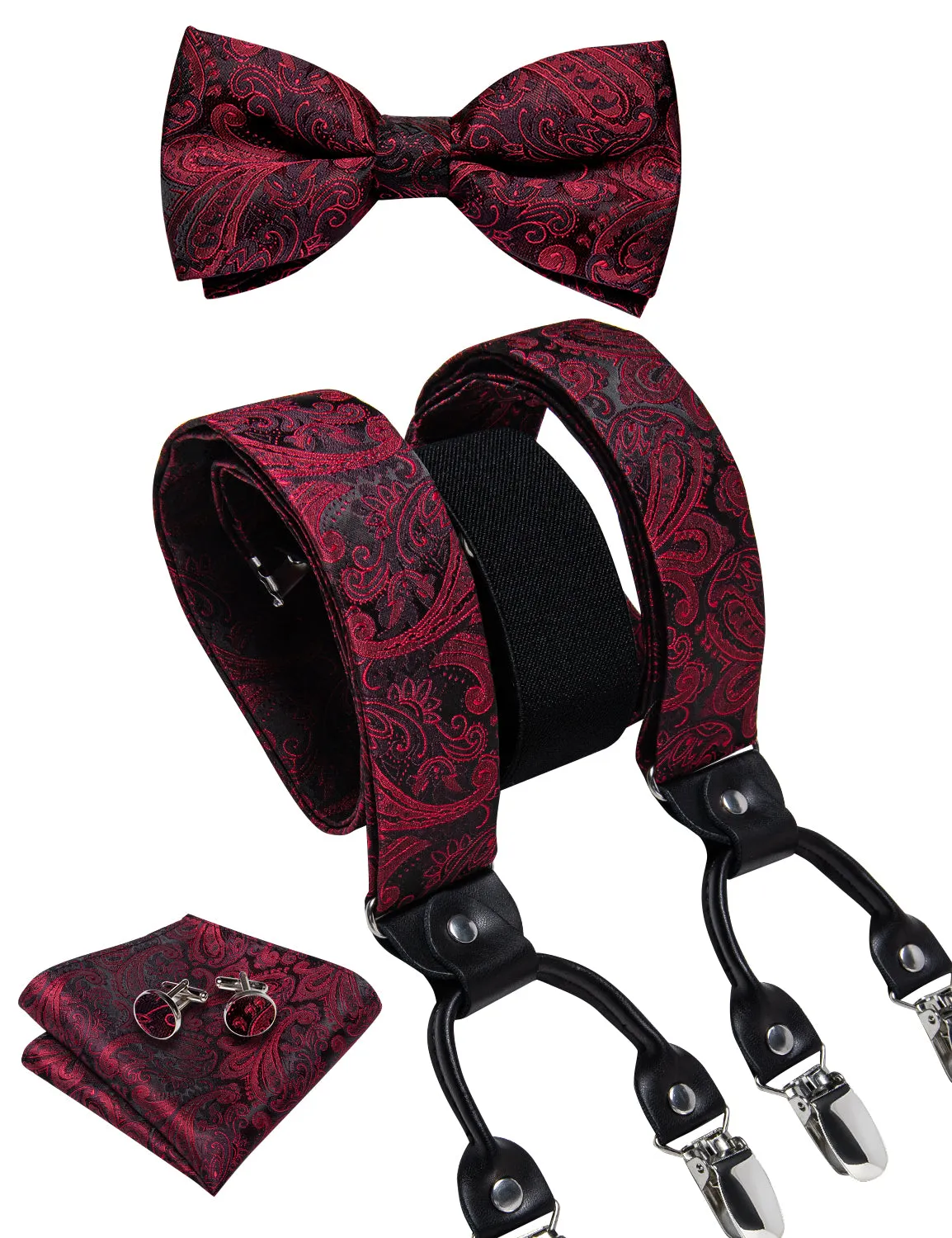 Red Black Paisley Y Back Brace Clip-on Men's Suspender with Bow Tie Set