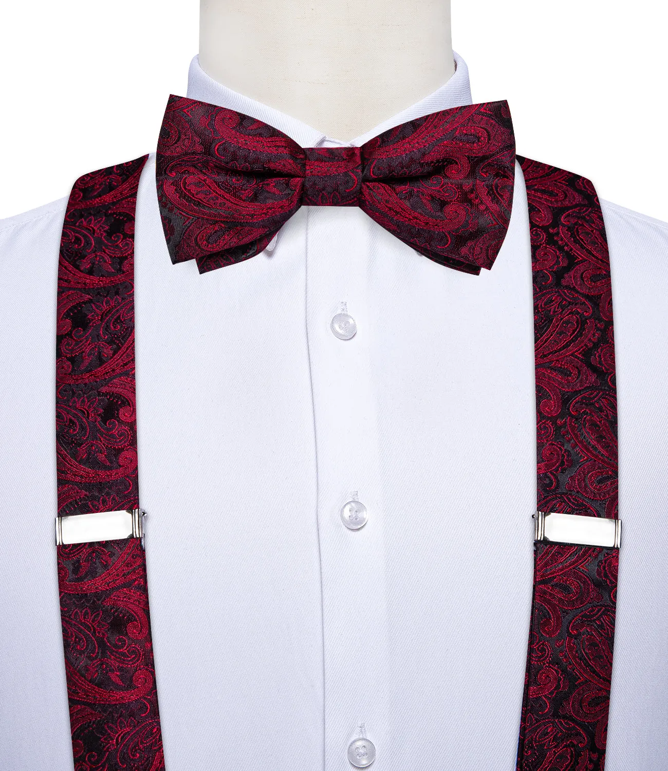 Red Black Paisley Y Back Brace Clip-on Men's Suspender with Bow Tie Set