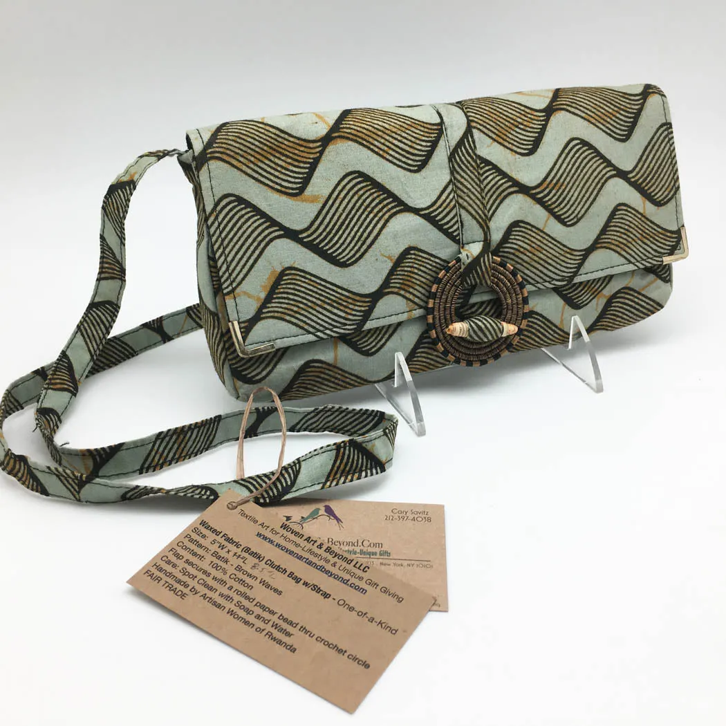 Rwandan Batik Clutch Bag w/Shoulder Strap - Brown Waves