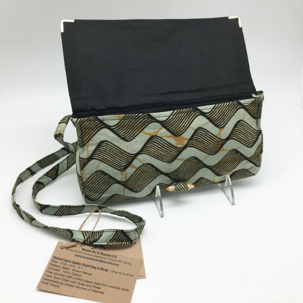 Rwandan Batik Clutch Bag w/Shoulder Strap - Brown Waves