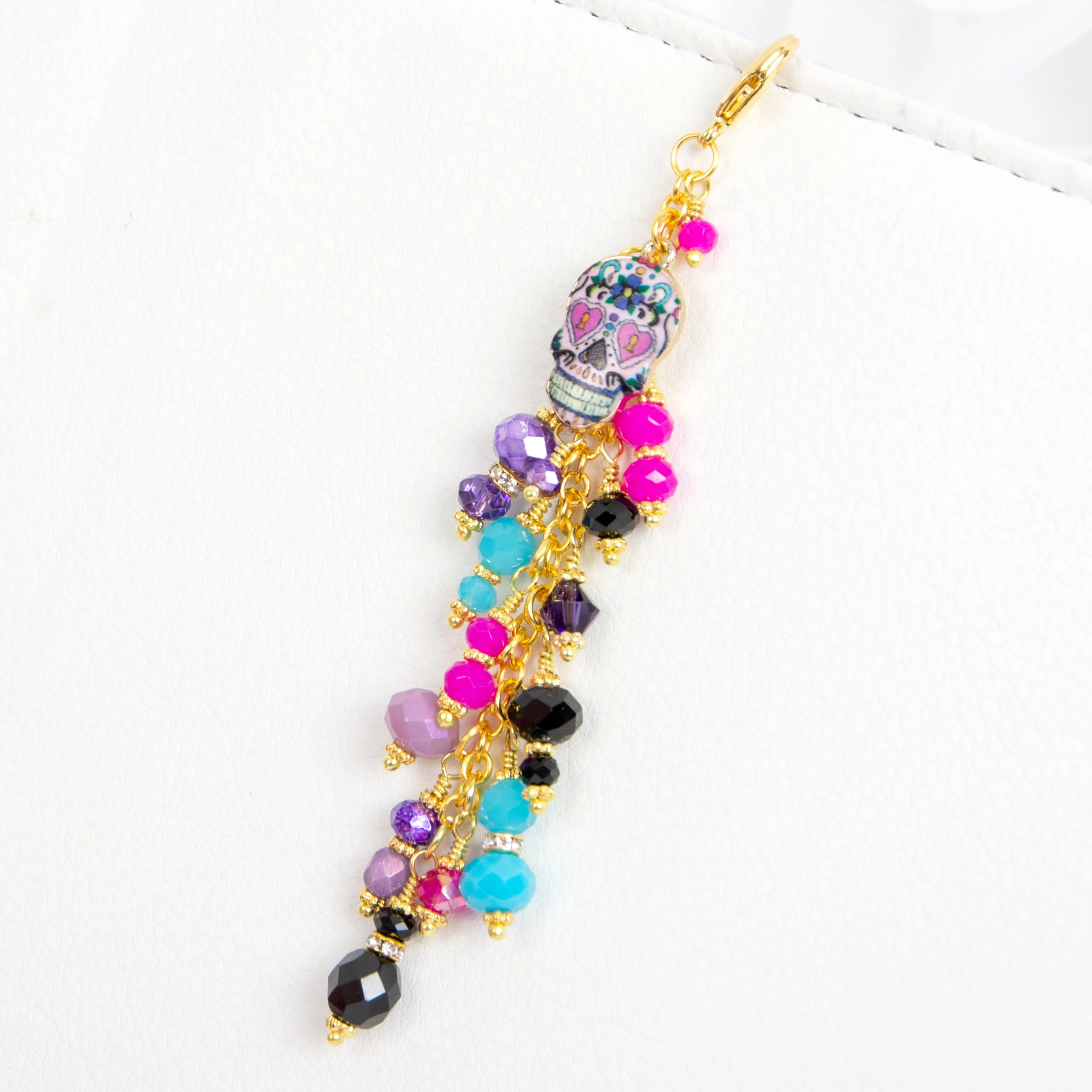 Sugar Skull Planner Charm with Purple, Pink, Turquoise and Black Crystal Dangle