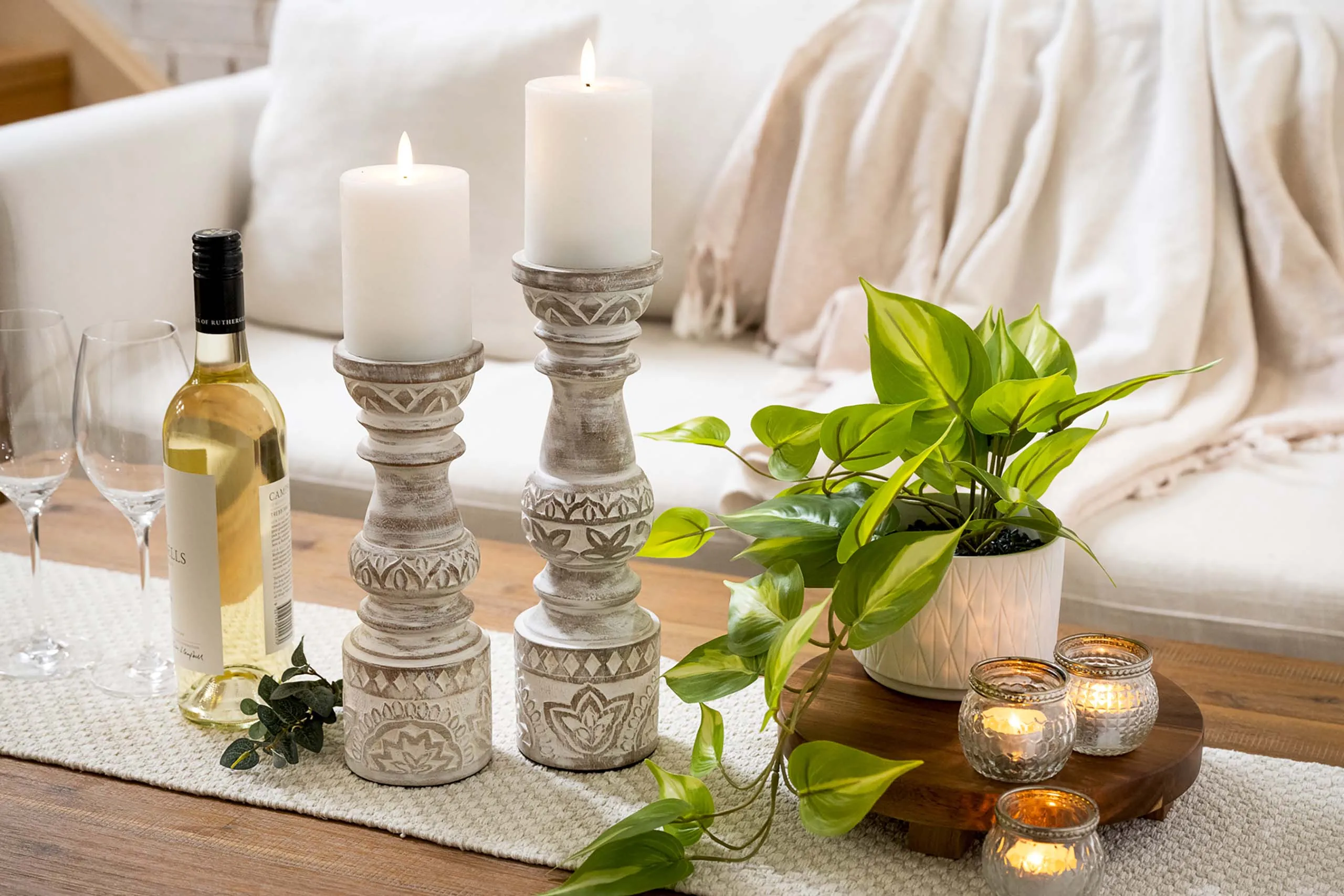 Tall white washed candle stands | engraved wood candle stands