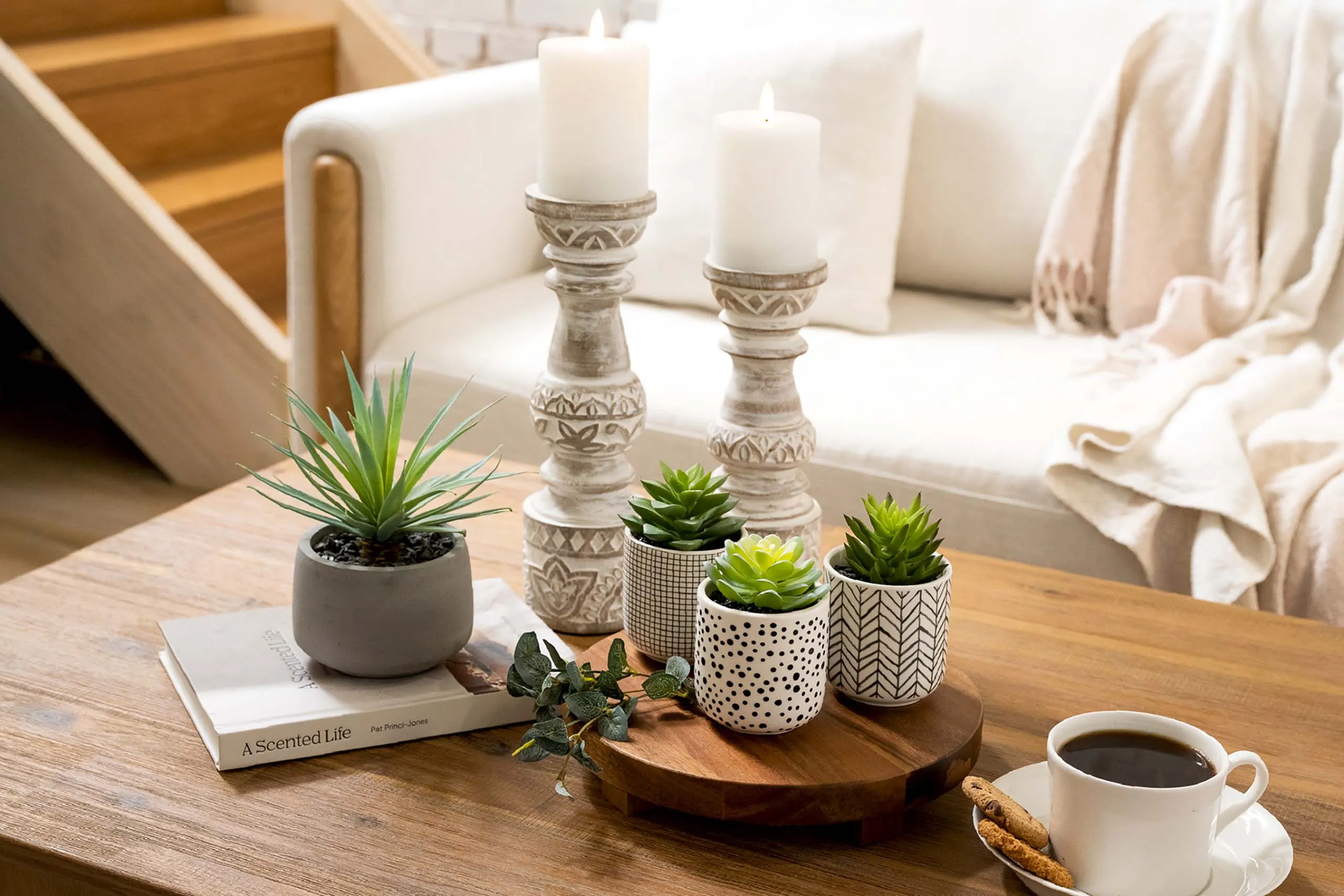 Tall white washed candle stands | engraved wood candle stands