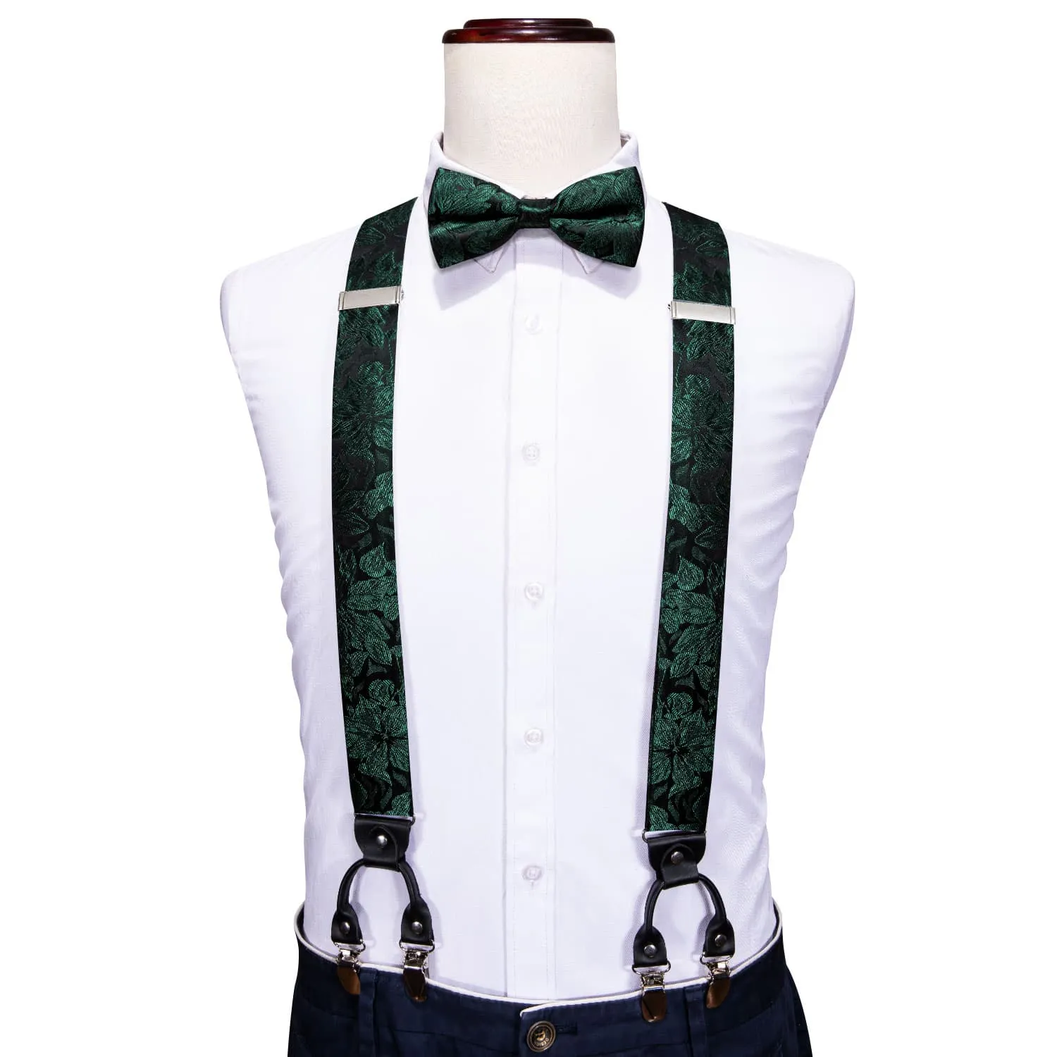 Ties2you Suspenders for Men Green Floral Y Back Brace Clip-on Suspender Bow Tie Set