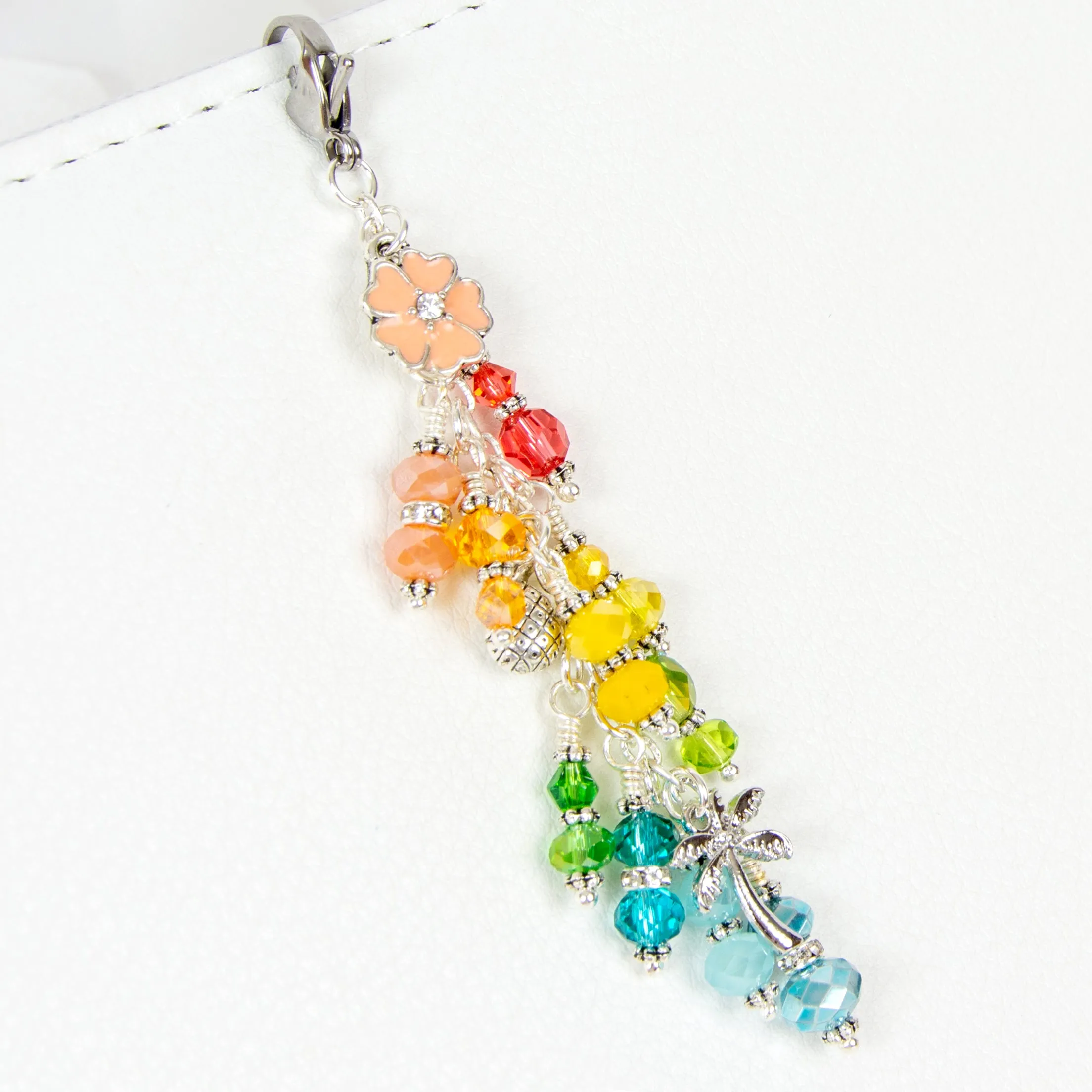 Tropical Planner Charm with Flower, Pineapple and Palm Tree and a Rainbow Dangle