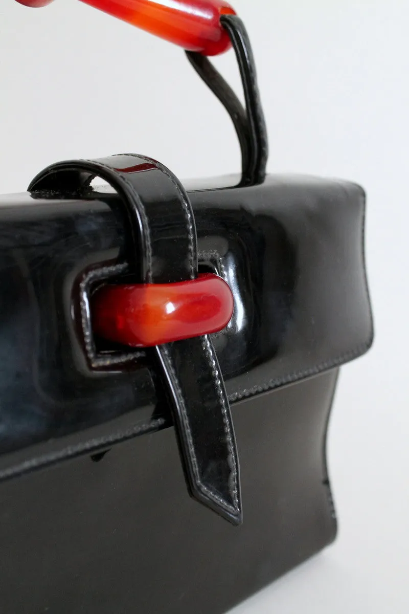 Vintage 1960s Black Patent Leather and Lucite MOD Purse