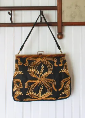 Vintage 1960s Gold and Black Embroidered Cotton Purse