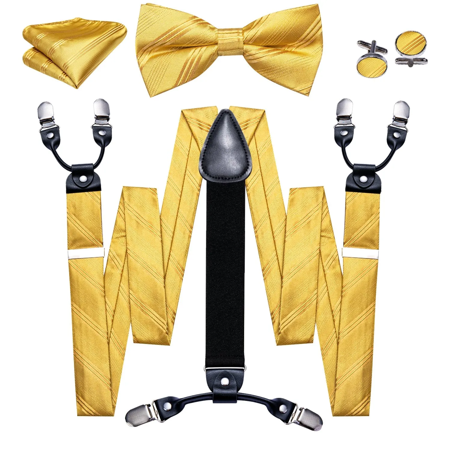 Yellow Gold Striped Y Back Brace Clip-on Men's Suspender with Bow Tie Set