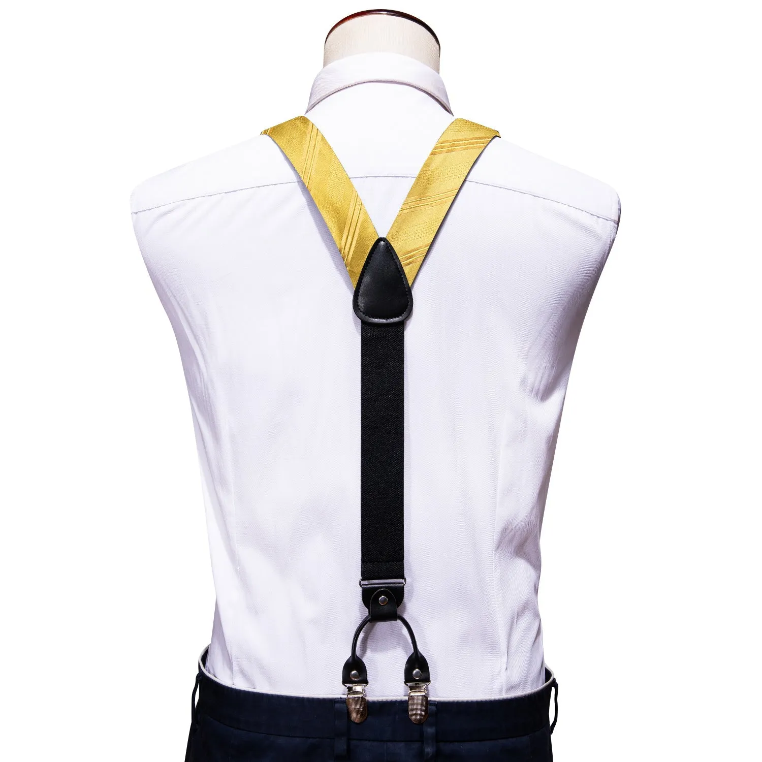 Yellow Gold Striped Y Back Brace Clip-on Men's Suspender with Bow Tie Set