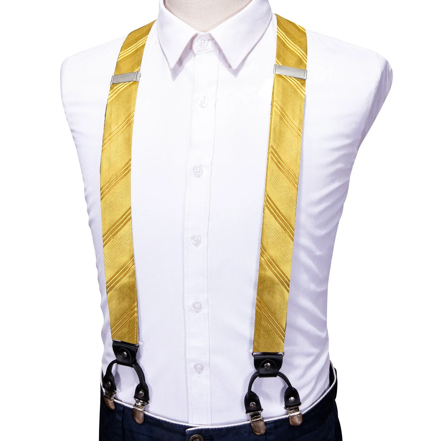 Yellow Gold Striped Y Back Brace Clip-on Men's Suspender with Bow Tie Set