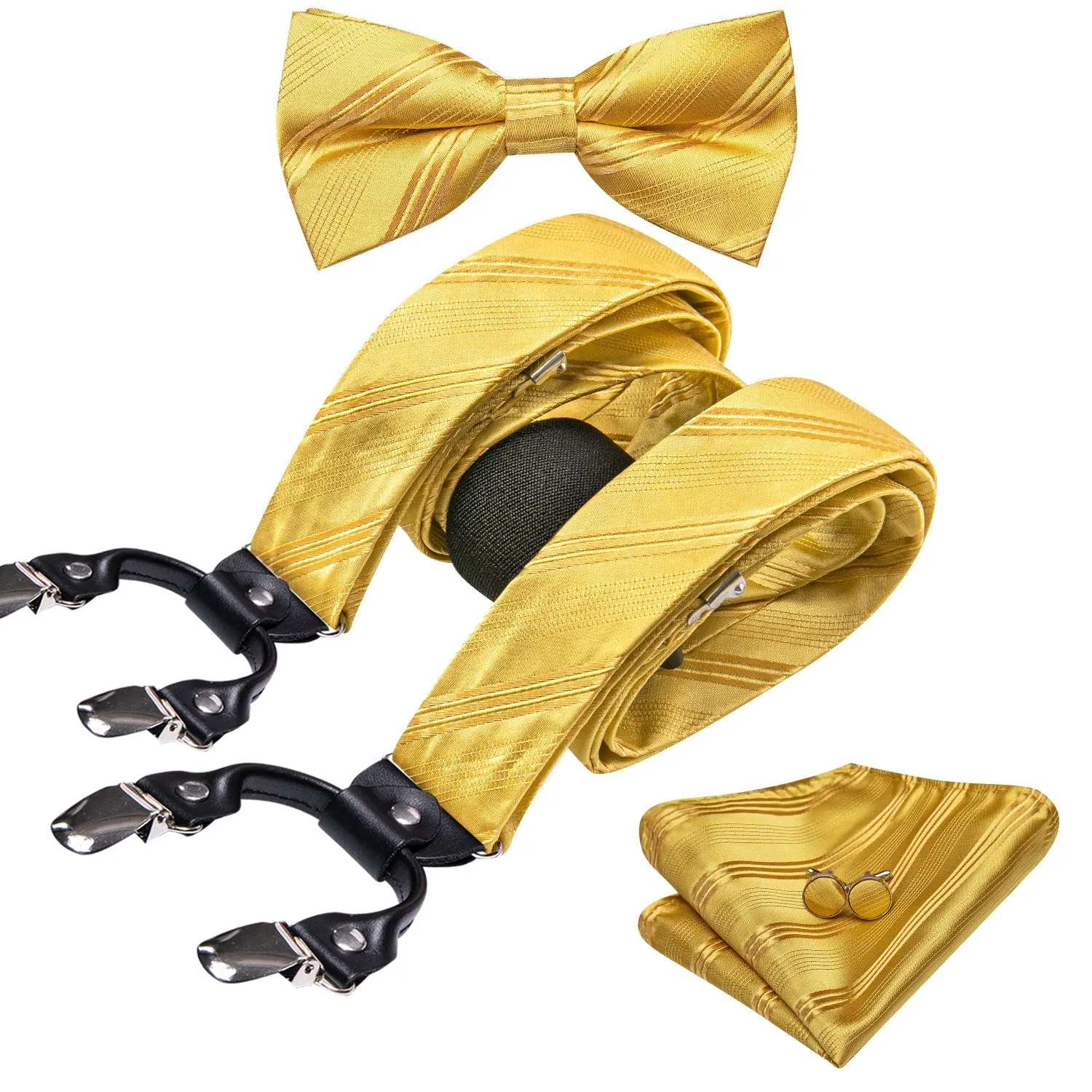 Yellow Gold Striped Y Back Brace Clip-on Men's Suspender with Bow Tie Set